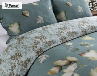 Angled view of our Appalachia collection dressing the head of a queen bed.