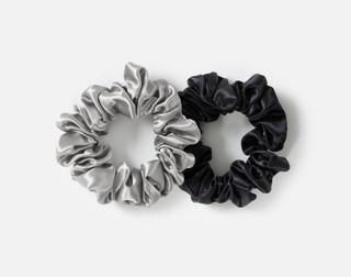 Top view of our Mulberry Silk Scrunchies in Black and Silver.