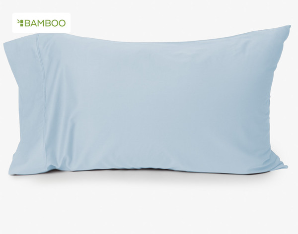 Front view of one of our Bamboo Cotton Pillowcase in Sky Blue sitting against a solid white background.