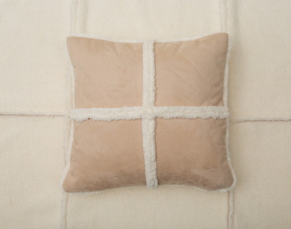 Windowpane Shearling Square Cushion pictured with BeechBliss Sheet Set in Cloud.