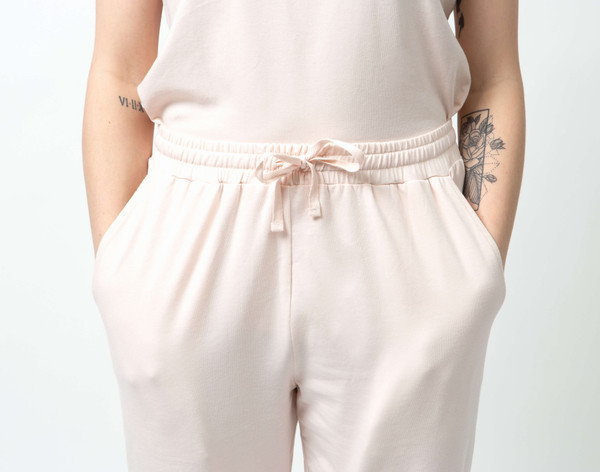 Drawstring close-up of Modal Jersey Lounge Pants in Ballet Pink on model