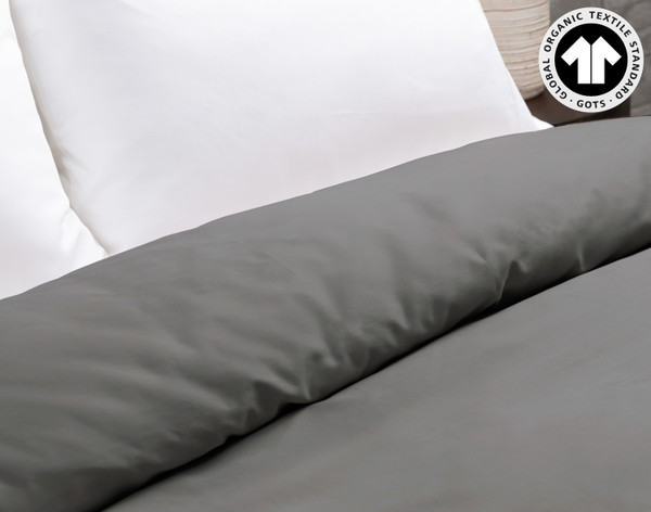 Close-up of the rolled up top edge for our 300TC Organic Cotton Duvet Cover in Sleet.