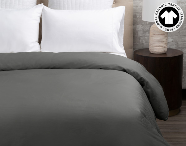 Front view of our 300TC Organic Cotton Duvet Cover in Sleet dressed over a bed.