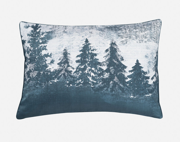 Close-up of our Alps Pillow Sham, featuring a dark and snowy forest design.