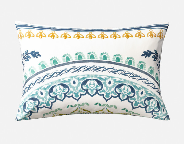 Our Chaya Pattern Pillow Sham on a blank background with a crescent mandala pattern in blue and yellow.