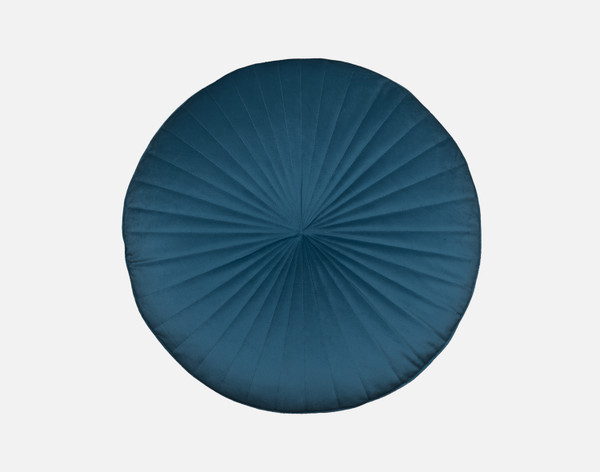 Vue de dessus de notre coussin rond en velours mandarin en bleu sarcelle.