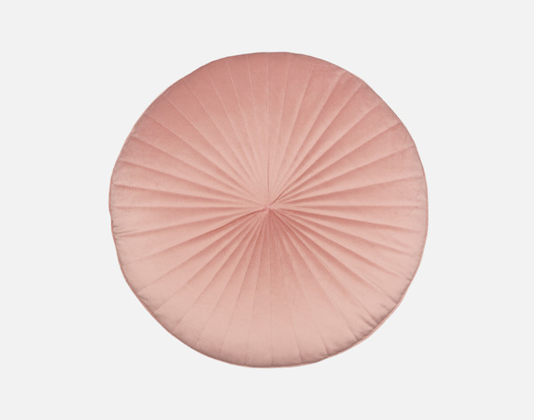 Top view of our Round Mandarin Velvet Cushion in Blush Pink.