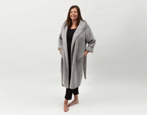 Front view of woman wearing our Chenille Sherpa Bathrobe in Grey against a solid white background.