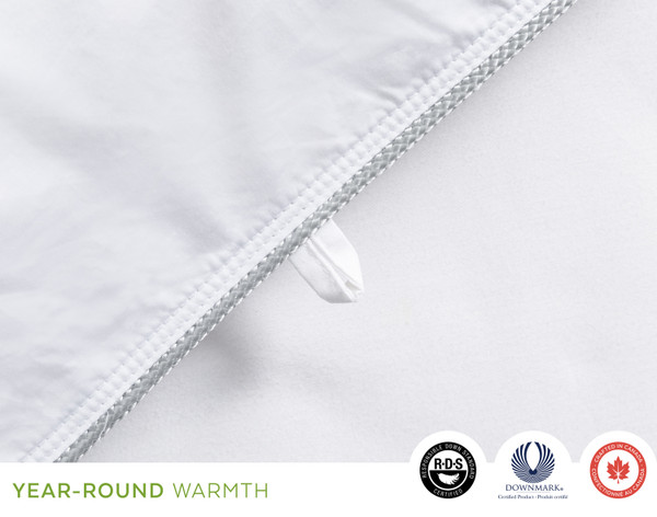 Close-up on a side anchor loop on the piped edge of our Imperial Hungarian White Goose Down Duvet.