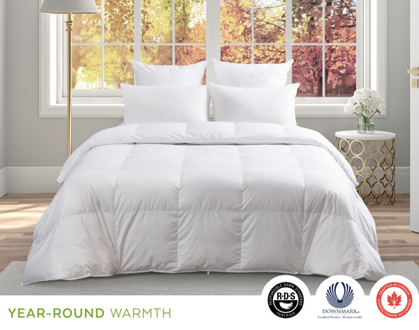 Front view of our Imperial Hungarian White Goose Down Duvet dressed over a queen bed in a white bedroom with a fall window behind.