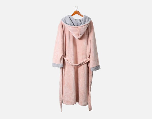 Reverse of our Fleece Boucle Bathrobe in Blush to show its hood and sherpa lining.