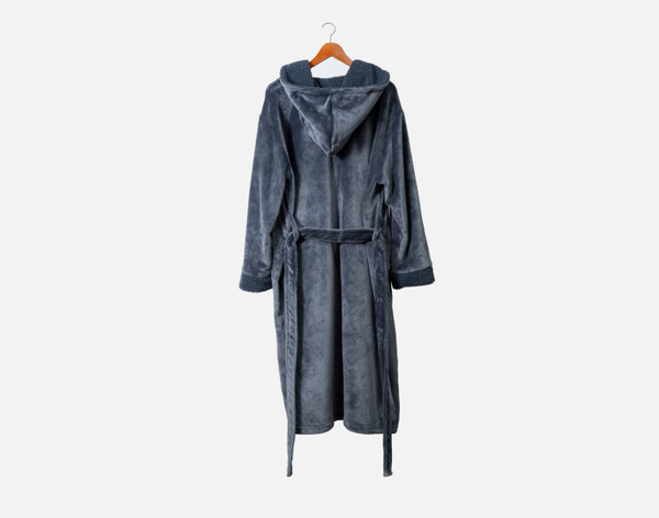 Reverse of our Fleece Boucle Bathrobe in Thundercloud to show its hood and sherpa lining.