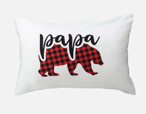 One of our Mama & Papa Pillowcases featuring a design of a red plaid bear with "papa" written over top.