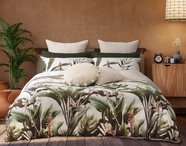 Cerritos Duvet Cover dressed over a queen bed in a tan coloured room.