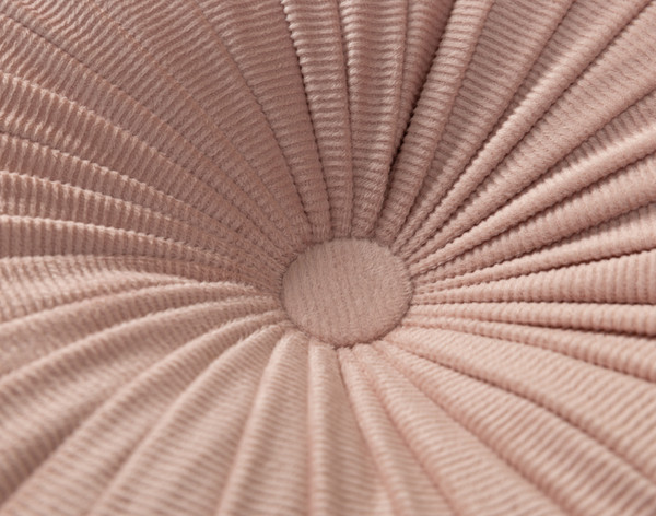 Close-up on the button detailing on our Pin-Tuck Round Corduroy Cushion in Blush.