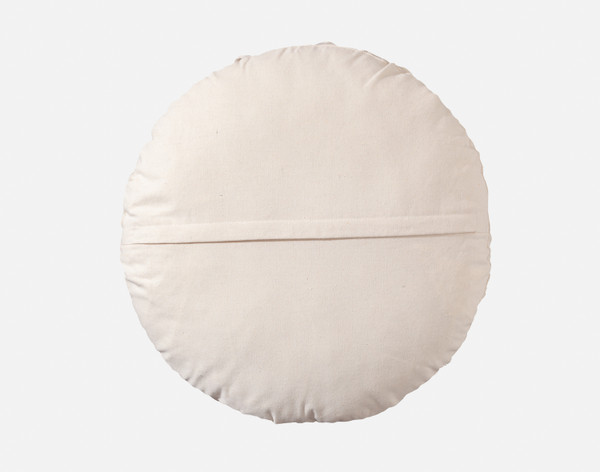 Back view of our Embroidered Round Cushionsitting against a white background to show its solid reverse.