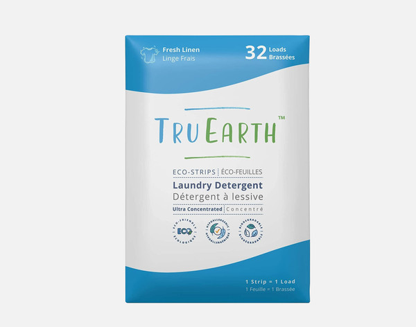Front view of the cardboard envelope packaging for a 32-pack of Tru Earth Fresh Linen Detergent Strips.