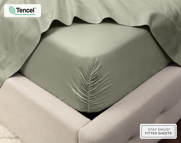 Close-up on the corner of a mattress with our Eucalyptus Luxe TENCEL™ Lyocell Fitted Sheet in Mistywoods to show its snug fit.