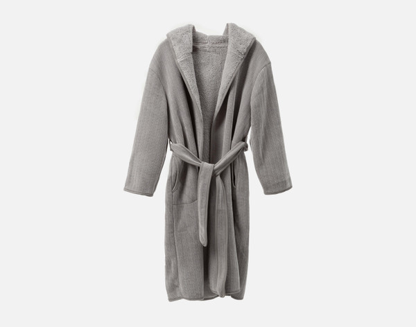 Front view of our Grey Chenille Sherpa Bathrobe hanging in the air against a solid white background.