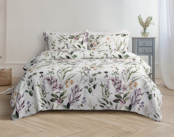 Emeraude 3 Piece Reversible Quilt Set Floral Print Cursive Script Design  Bedding Purple Queen, Queen - Foods Co.