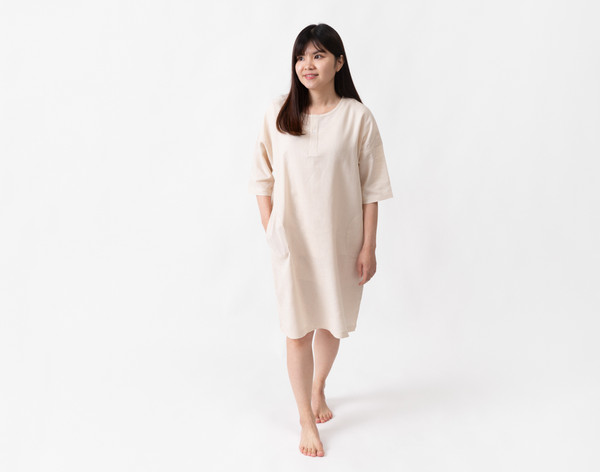 Front view of a woman wearing our Linen Blend Lounge Tunic in Stone.