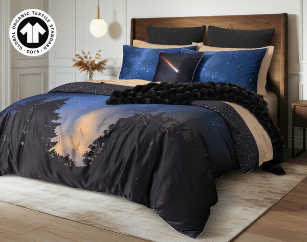 Angled view of our Starlight Duvet Cover and Pillow Shams dressing a queen bed in a modern bedroom. Angled view of our Starlight Duvet Cover and Pillow Shams dressing a queen bed in a modern bedroom.