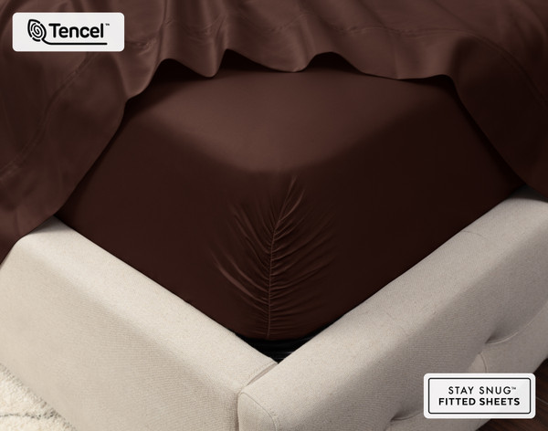 Close-up on the corner of a mattress with our Eucalyptus Luxe TENCEL™ Lyocell Fitted Sheet in Chestnut to show its snug fit.