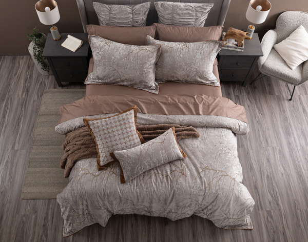 Top-down view of our Luxembourg Velvet Duvet Cover dressing a queen bed with matching accessories. Top-down view of our Luxembourg Velvet Duvet Cover dressing a queen bed with matching accessories.