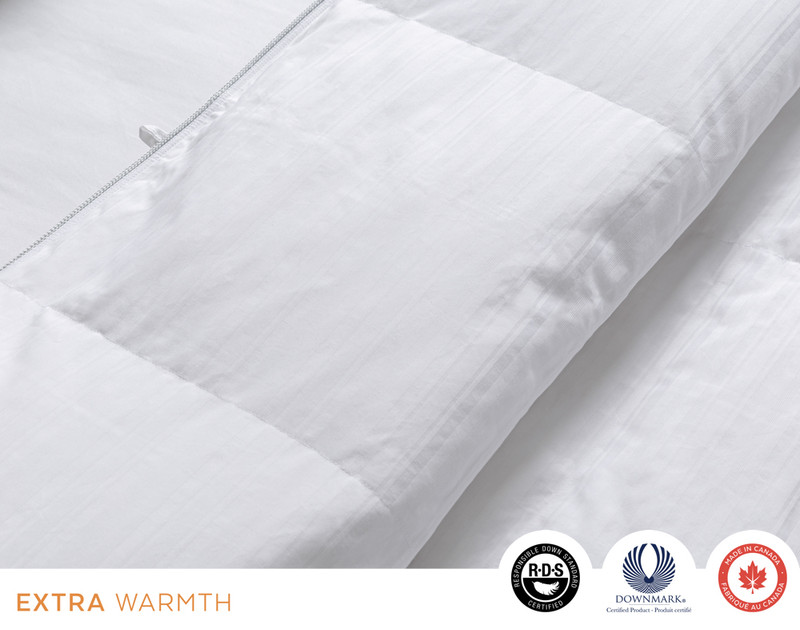 Side view of the shell on our Legacy Hutterite White Goose Down Duvet close-up.