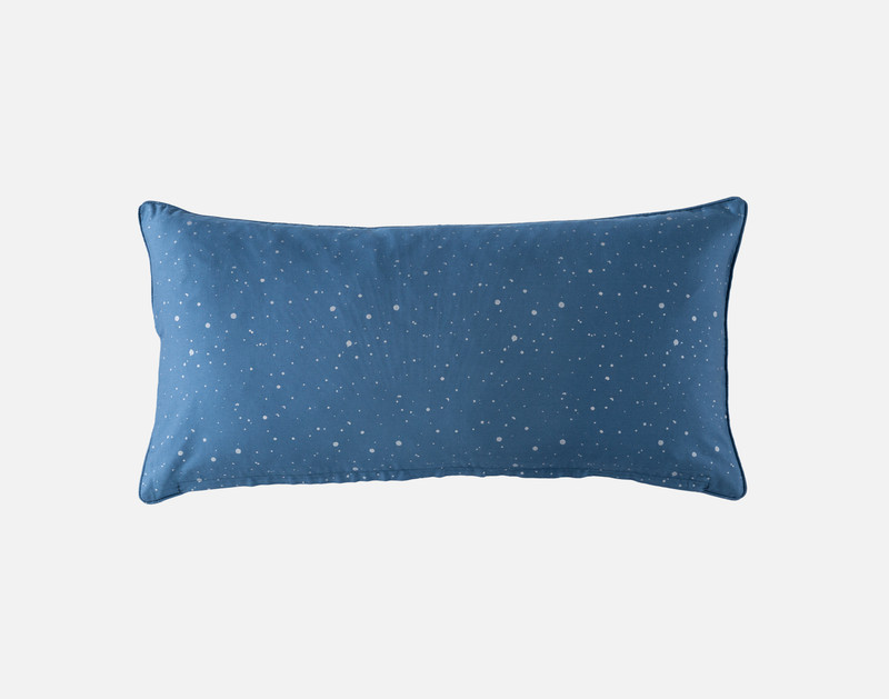 Front view of the light navy sky reverse on our our Supernova Boudoir Pillow Cover sitting against a solid white background.