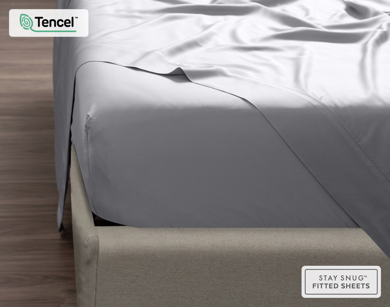 Copper Bamboo Modal Sheet Set in Sterling, a medium grey, flat sheet and fitted sheet close-up