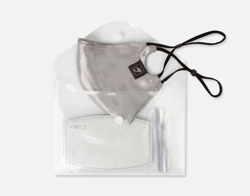 100% Silk Reusable Face Mask in Silver with set of 4 filters, set of 4 nose wires and carrying case.
