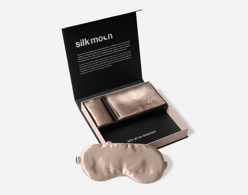 Our Bronze Mulberry Silk Gift Set, opened with the pillowcase & delicates bag folded, while the eye mask is taken out near the front.