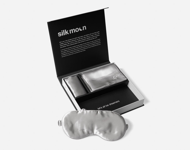 Our Silver Mulberry Silk Gift Set, opened with the pillowcase & delicates bag folded, while the eye mask is taken out near the front.