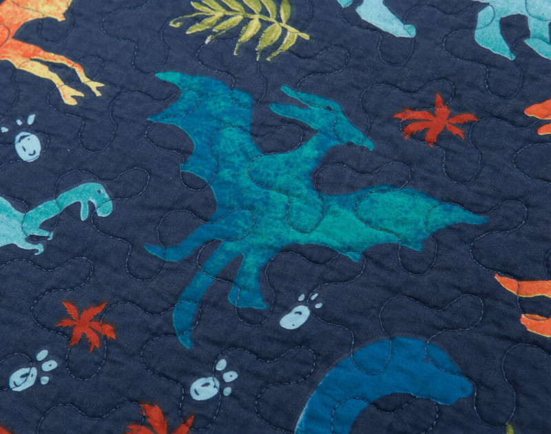 Close-up of a pterodactyl on our Blue Saurus Kid's Quilt Set.