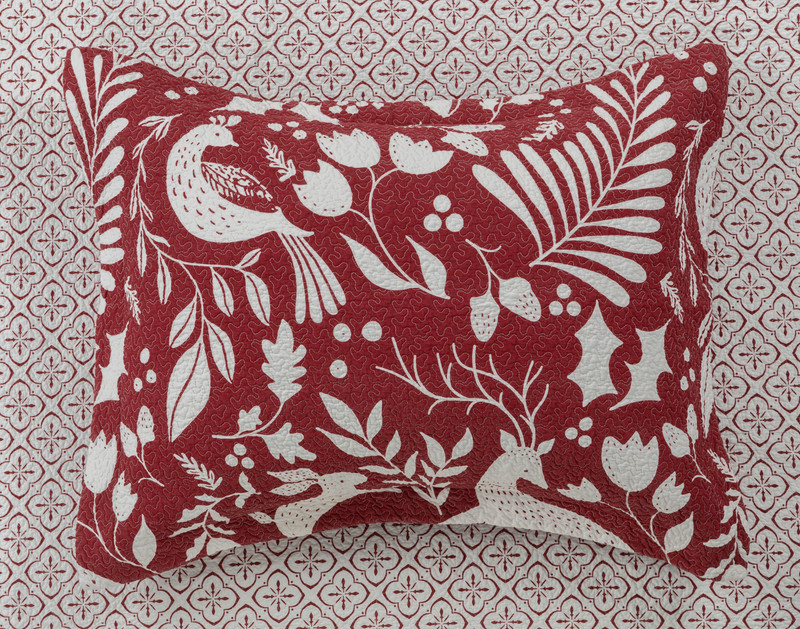 Top view of our Pear Tree Cotton Quilt Set pillow sham to show its festive pattern.