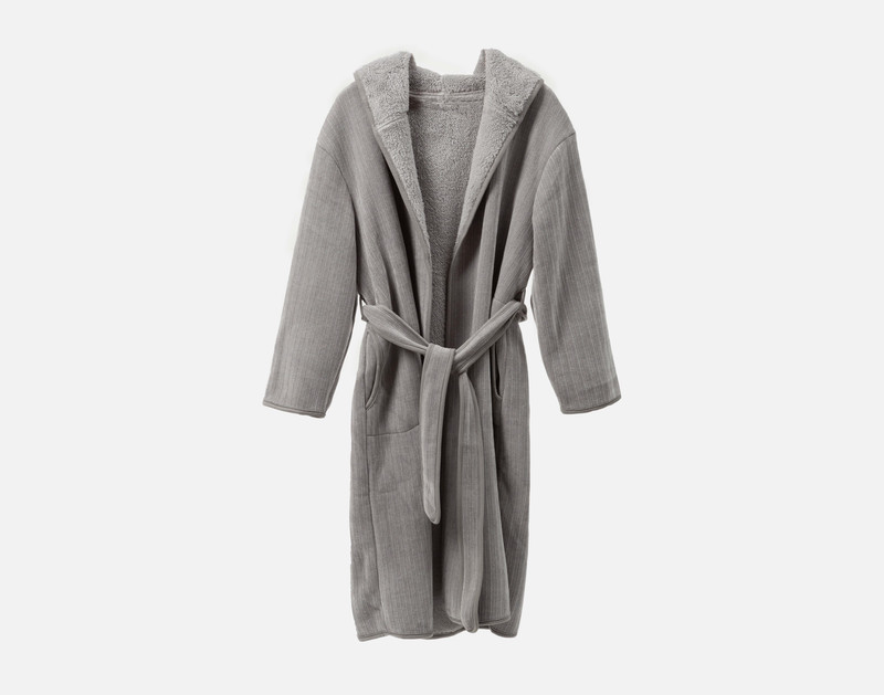 Front view of our Chenille Sherpa Bathrobe in Grey against a solid white background without anyone wearing.