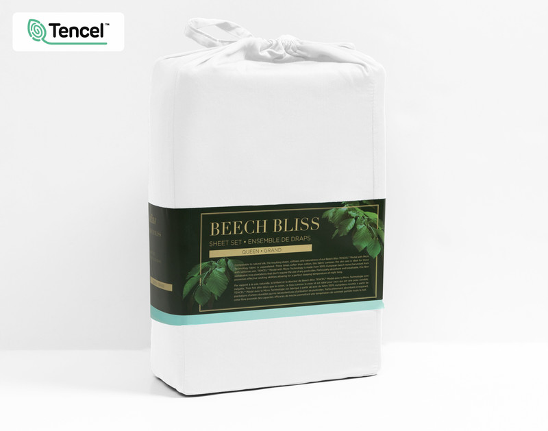 Emballage du tissu pour notre BeechBliss TENCEL™ Modal drap ensemble  en blanc.