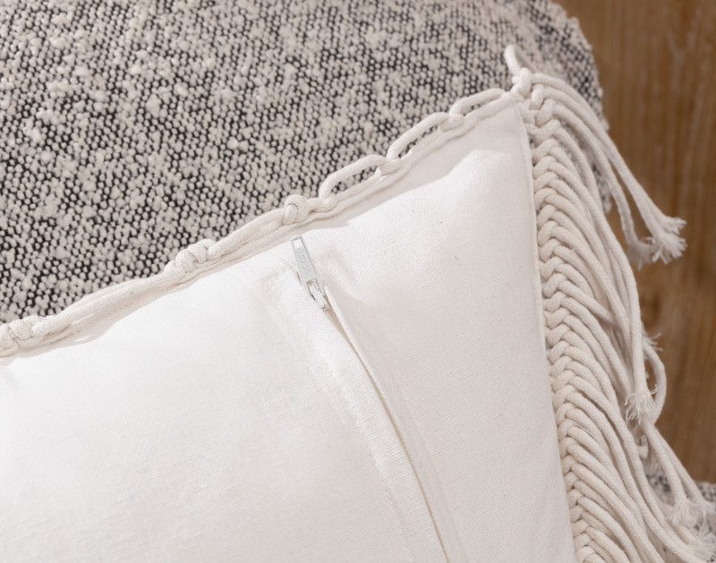 Close-up on the zipper enclosure and reverse on our Macramé Square Cushion Cover.