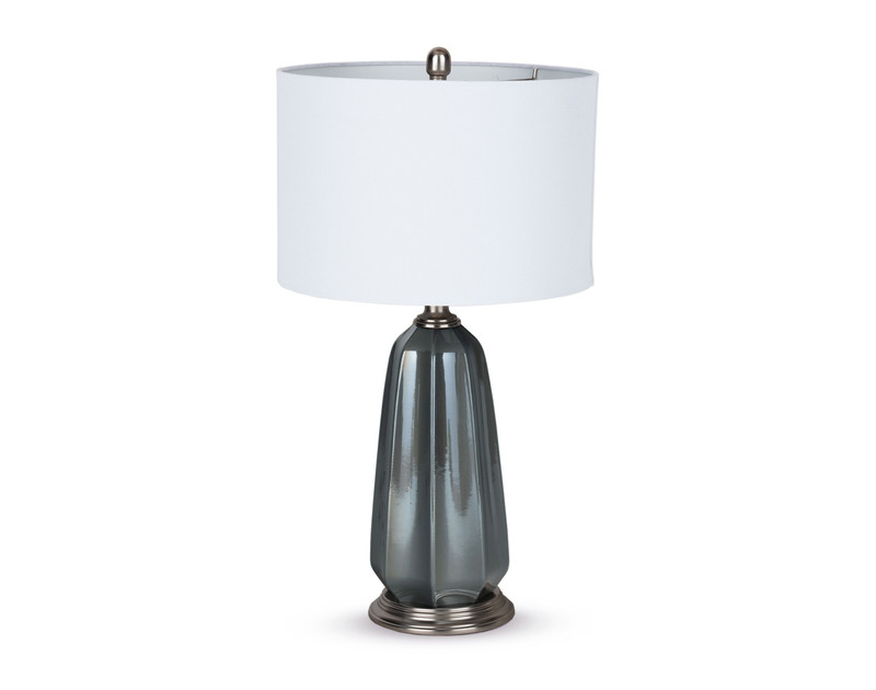 Front view of our Kashton Glass Table Lamp resting against a solid white background with the light turned off.