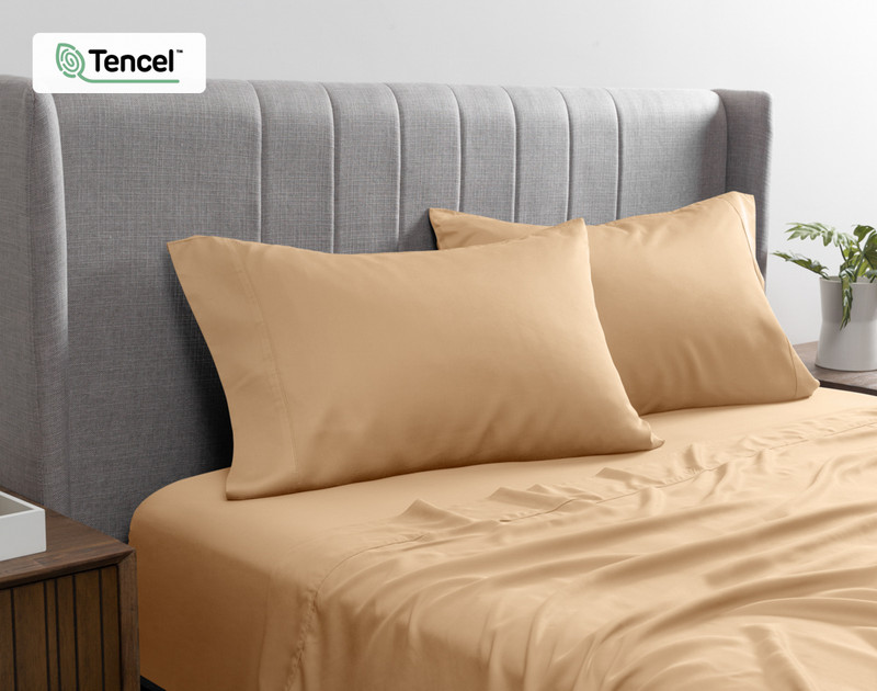 Front view of our BeechBliss TENCEL™ Modal Pillowcase in Cashew resting against a solid white background.