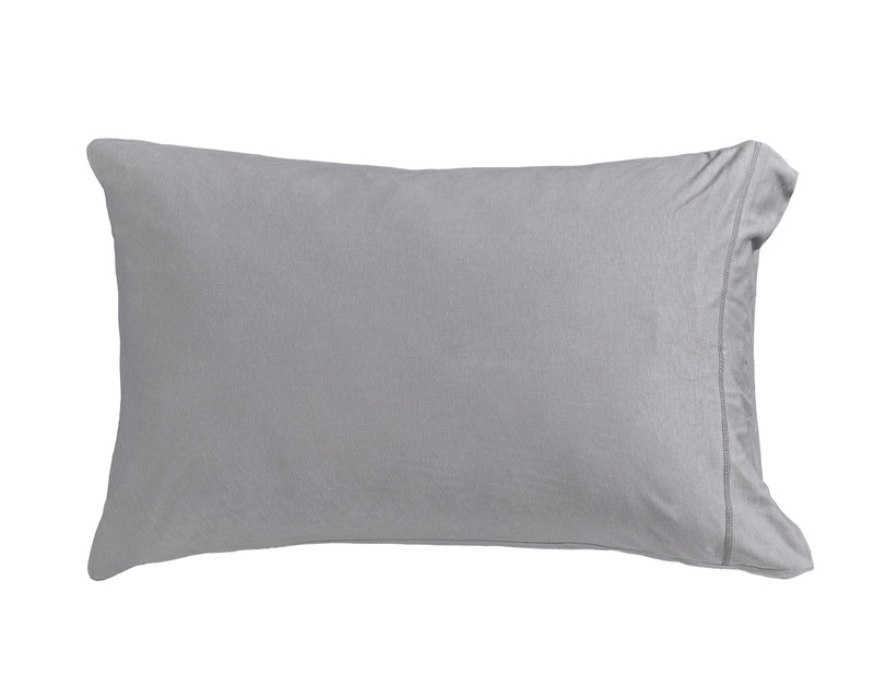 Front view of the pillowcase for our Bamboo Cotton Jersey Sheet Set in Grey resting against a solid white background.