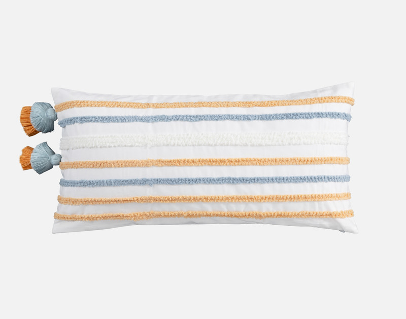Front view of our Nora Boudoir Pillow Cover with tufted stripes across a crisp white surface.