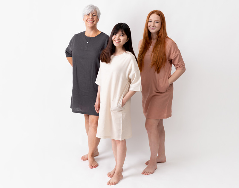 Front view of three women wearing our Linen Blend Lounge Tunics in three individual colours.