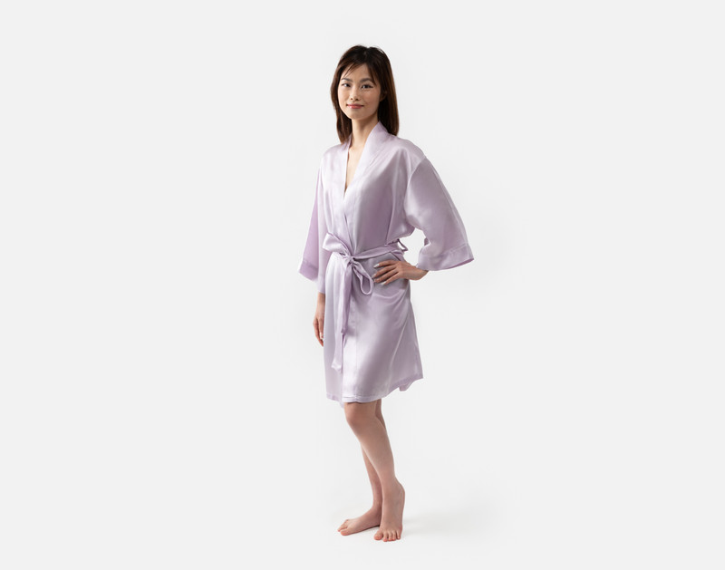 Our Lavender Silk Kimono Robe being worn by a young woman with a slim build.