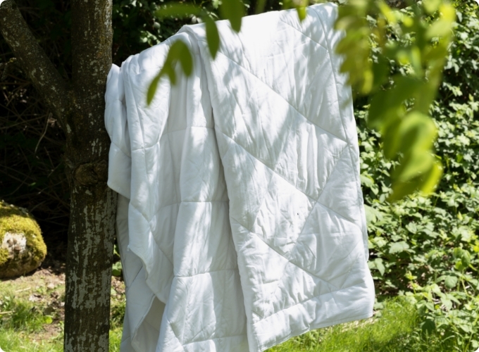 A white duvet draped over a tree branch, sunlit against a backdrop of green grass and foliage.