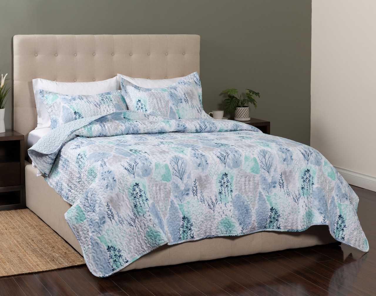 Eliana Recycled Polyester Coverlet Set, Botanical, Blue,