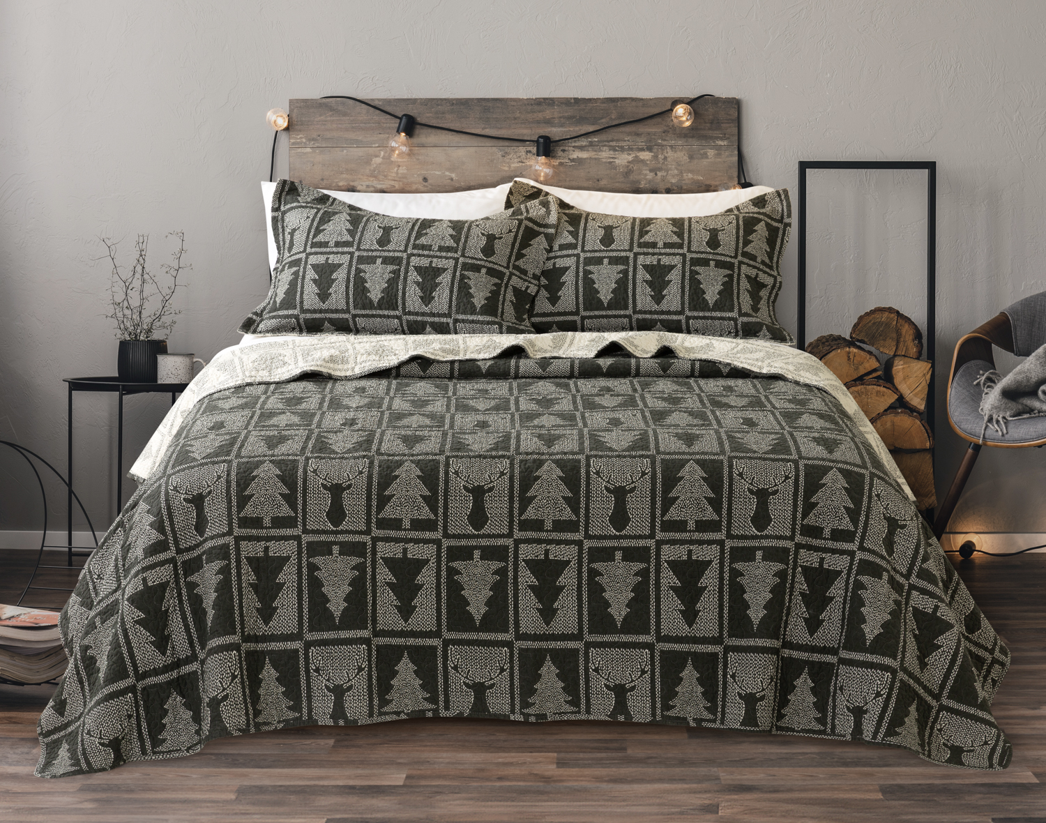 Deep Forest Cotton Quilt Set, Geometric, Green,