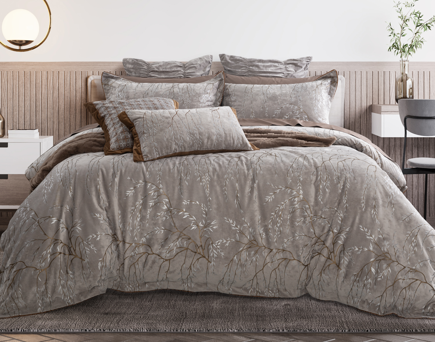 Luxembourg Velvet Duvet Cover, Cotton, Botanical, Grey,