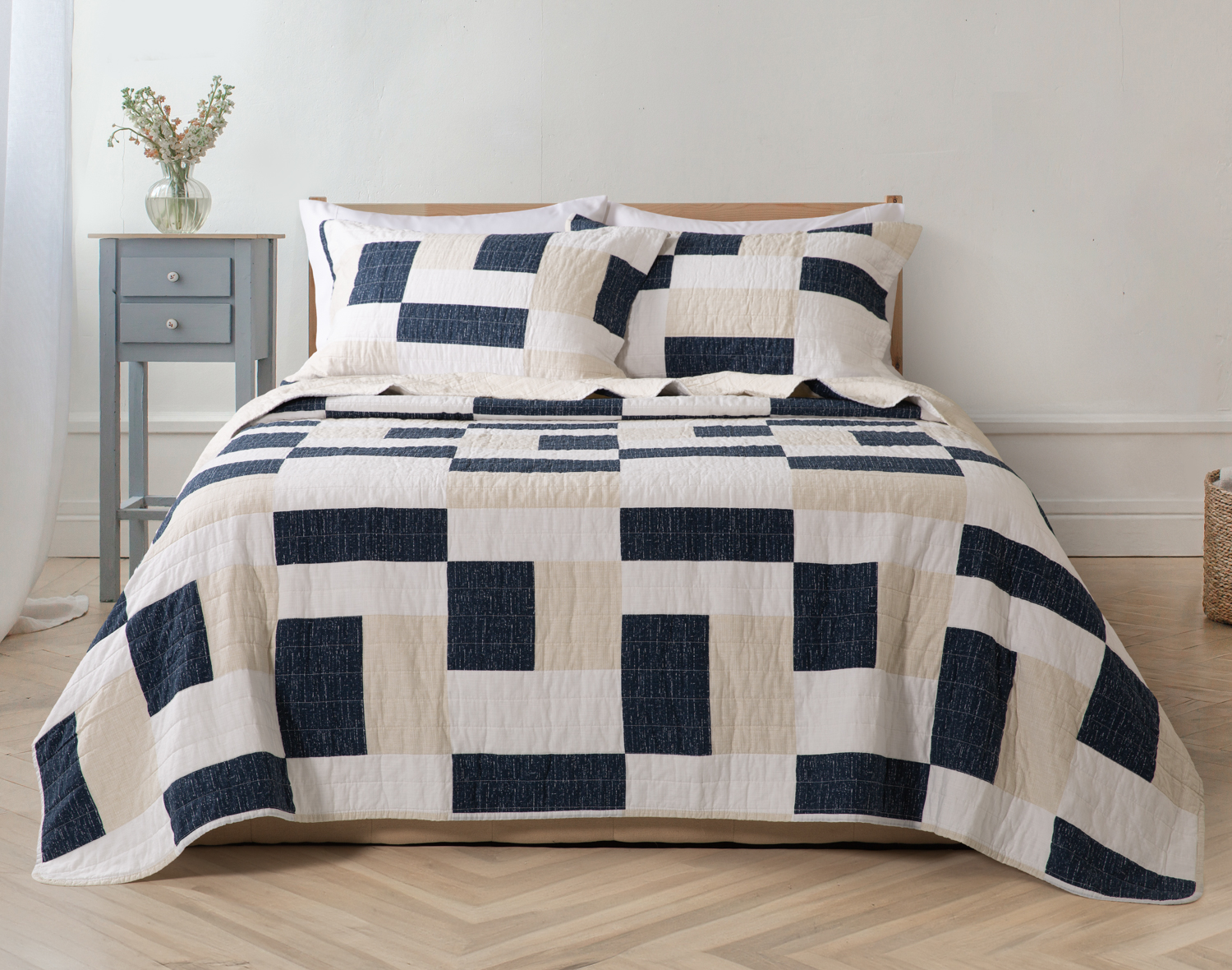 Zander Cotton Quilt Set, Patchwork, Blue,